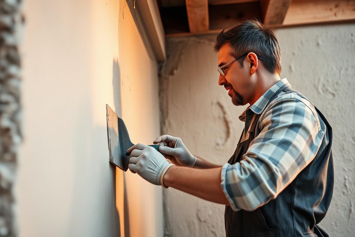 Handwerker beim Aufziehen des Oberputzes auf einer Fassade